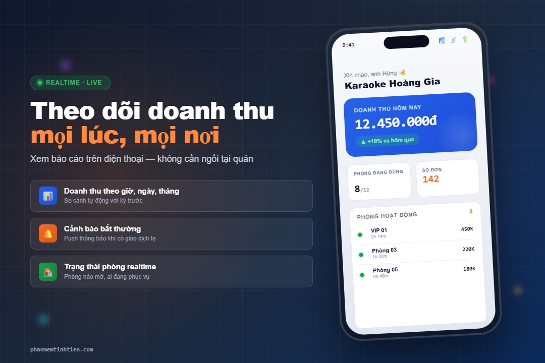 Dashboard báo cáo doanh thu realtime quán karaoke trên điện thoại